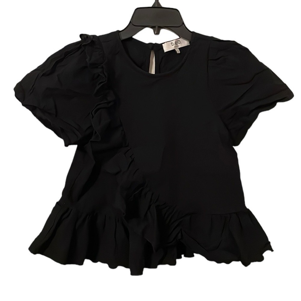 Sea New York Women's Black Linen/Cotton Blend Short Sleeve Ruffle Top Size 2